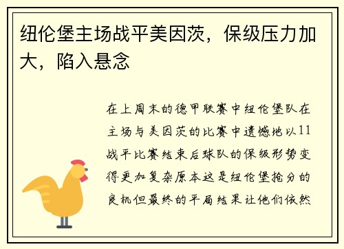 纽伦堡主场战平美因茨，保级压力加大，陷入悬念